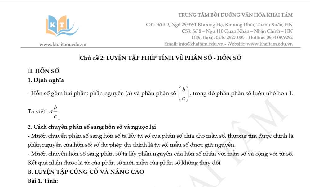 Toán 5: Tài liệu Luyện tập phép tính về Phân số-Hỗn số